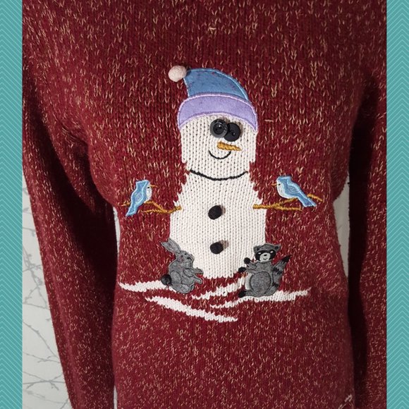 Episcia Heathered Red Cotton Knit Crewneck Sweater w/ Snowman - Picture 2 of 6